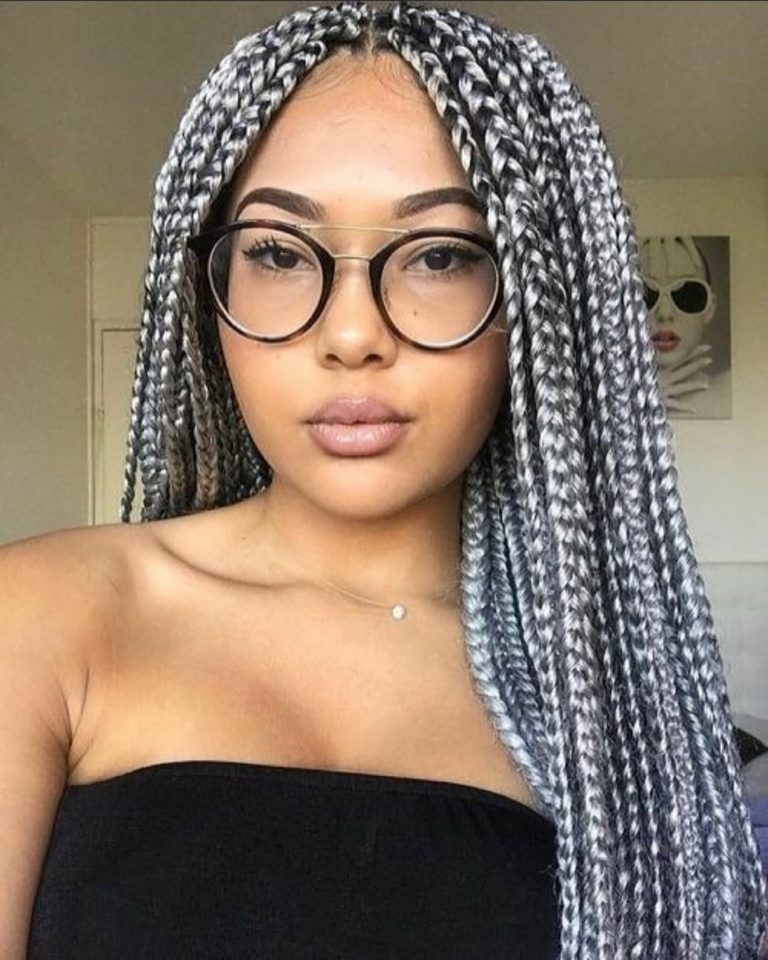 20 Braid Styles For Gray Hair Braid Hairstyles Silver Gray Box Braids 768x960