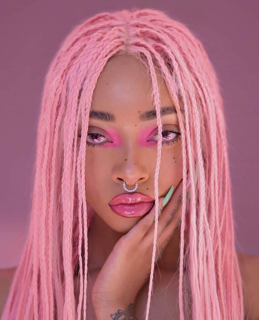 Image of Pink Micro Braids in a style with Pink Braids
