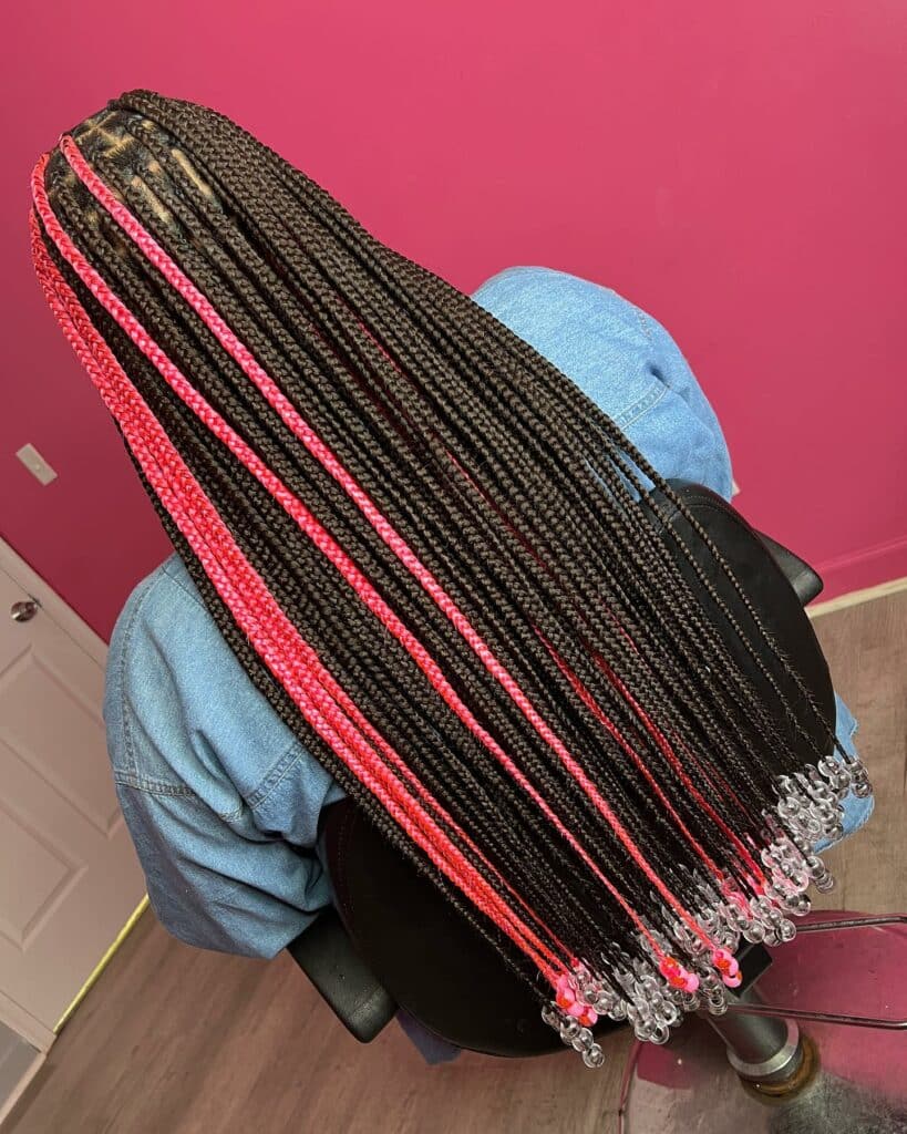 Image of Pink and Black Braids with Beads in a style with Pink Braids