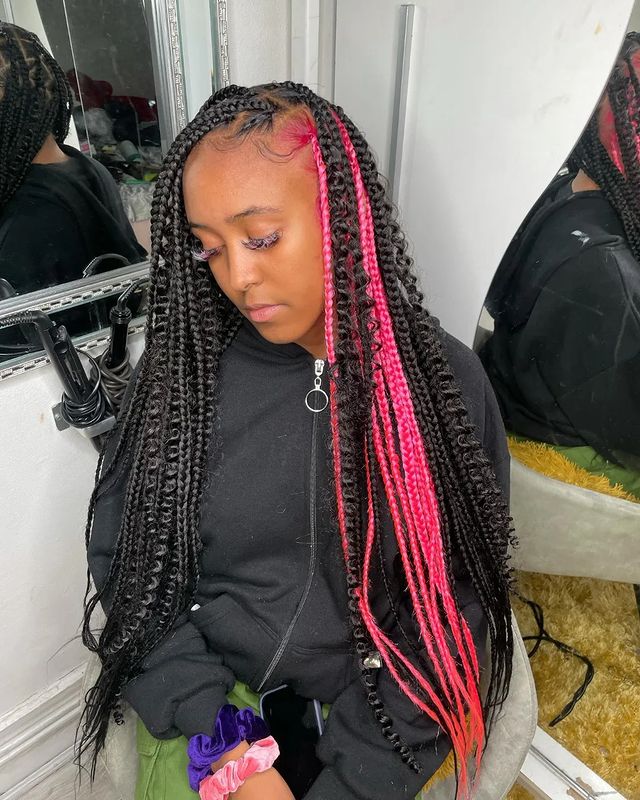 Image of Pink and Black Goddess Braids in a style with Pink Braids