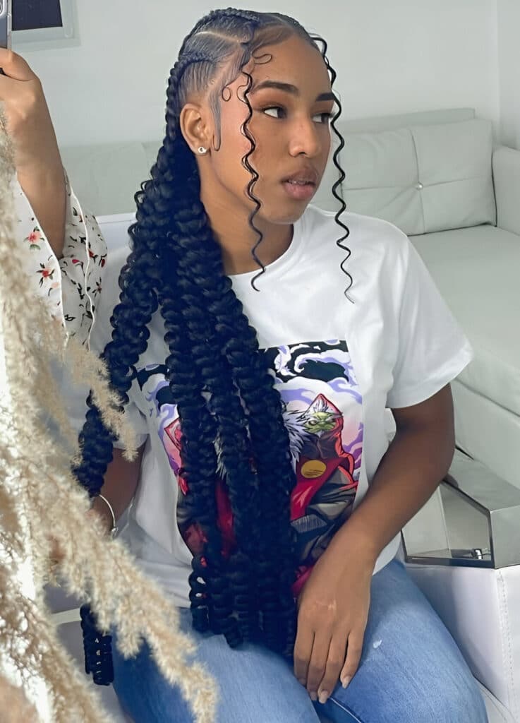Image of 4 Feed In Braids With Curly Ends inspired by the 4 Braid Hairstyle