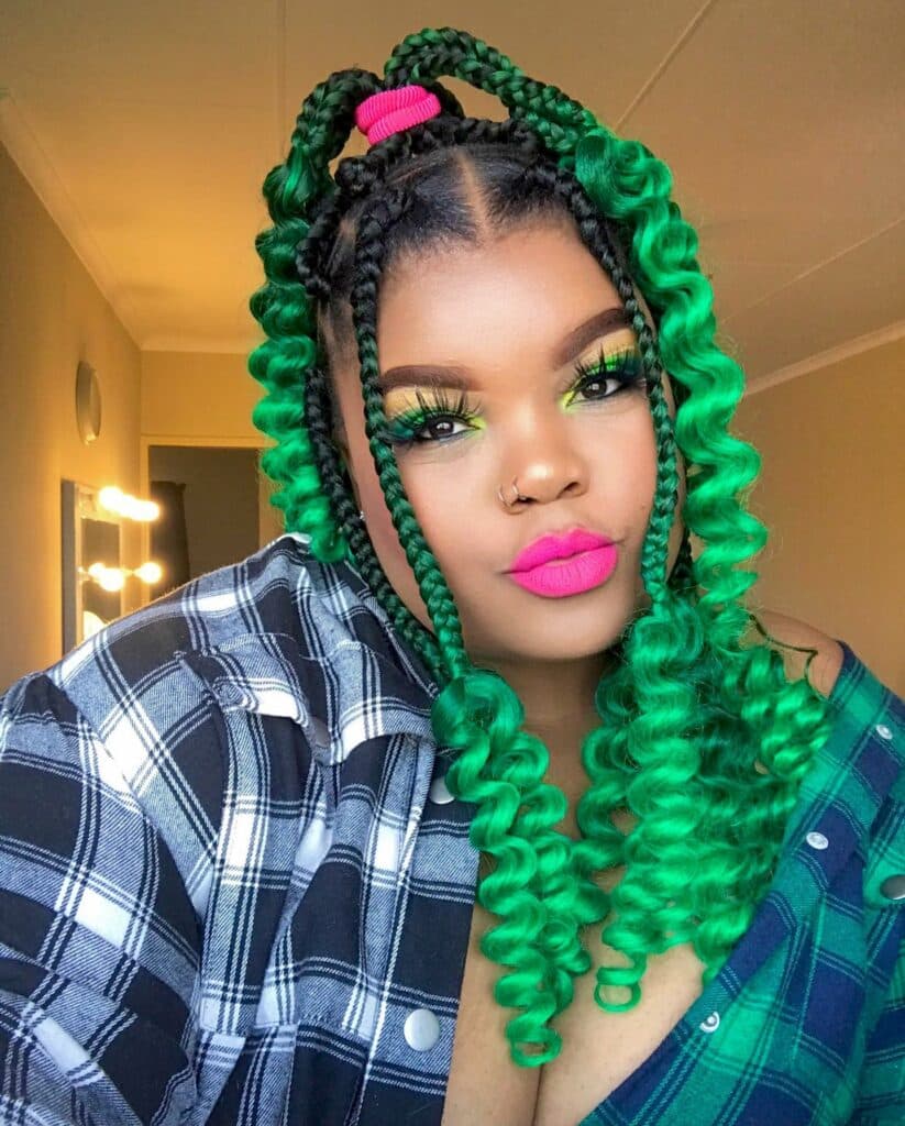 Image of Black and Green Braids With Curls in the style of green braids
