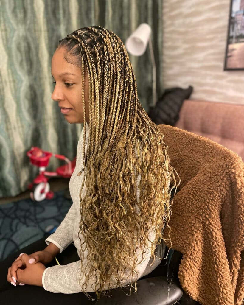 Image of Blonde Knotless Braids With Curly Ends inspired by Blonde Braids Hairstyles 1