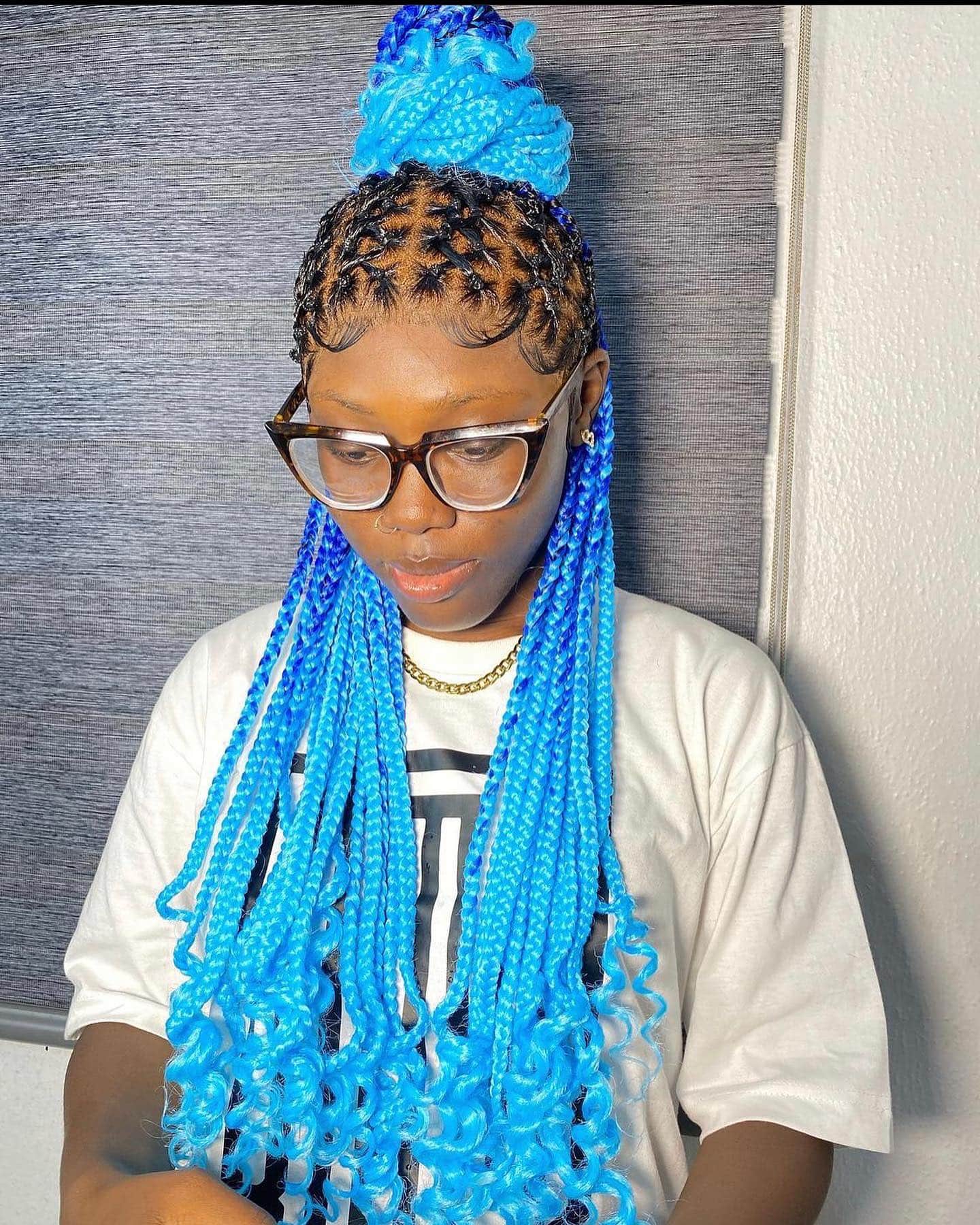 Image of Blue Box Braids With Curls in the style of Braids With Curls