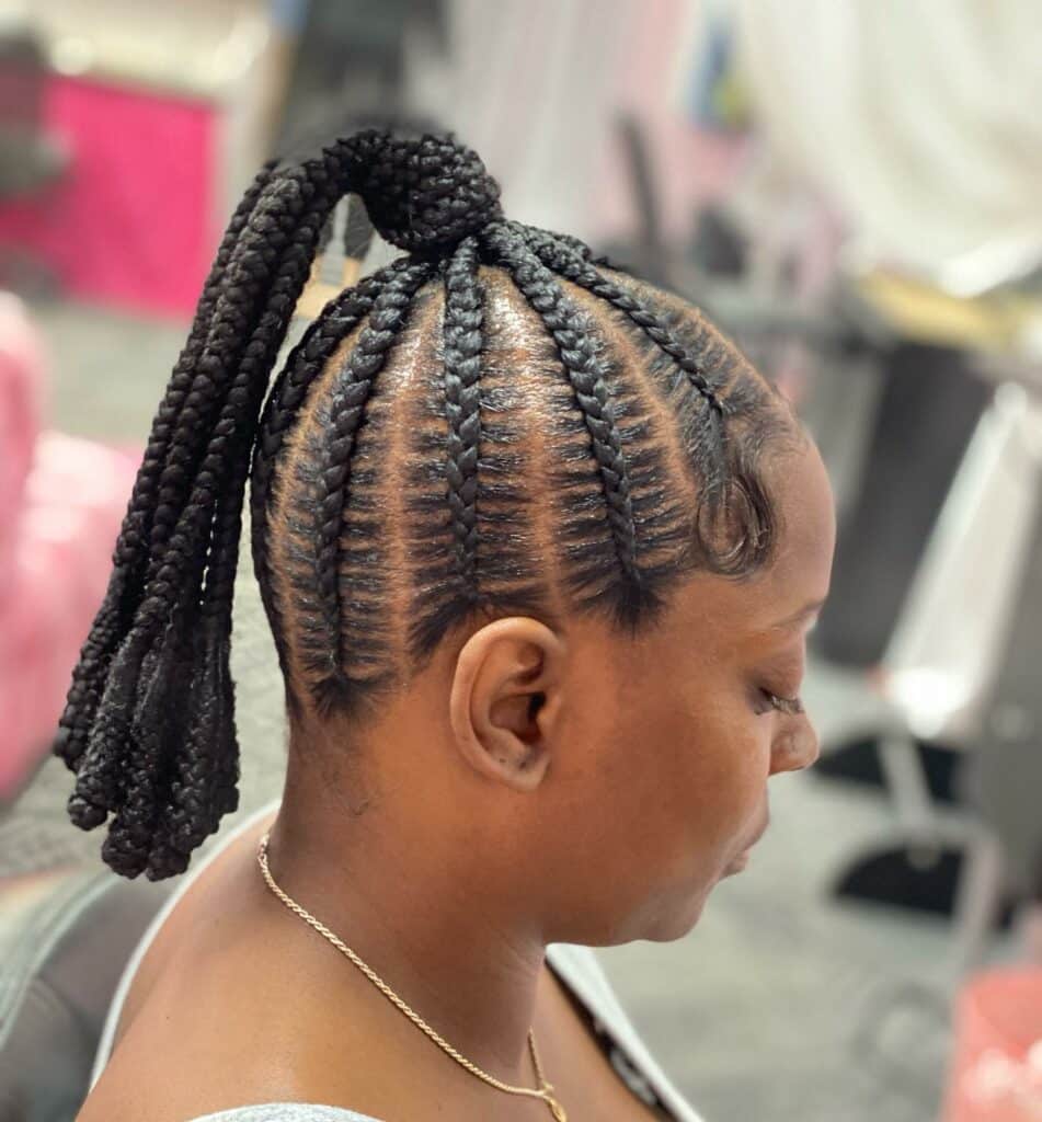 Image of Braided Ponytail with Bantu Knots in the style of Bantu Knots