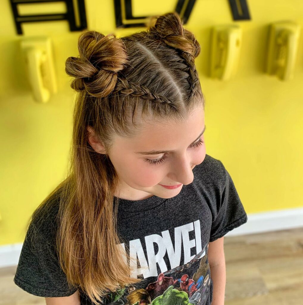 Image of Braided Space Buns with Hair Down in the style of Space Buns with Braids