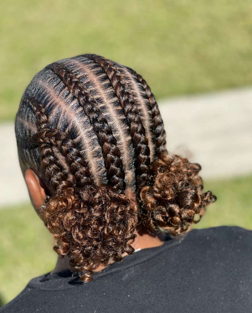 Image of Braids with Curly Space Buns in the style of Space Buns with Braids