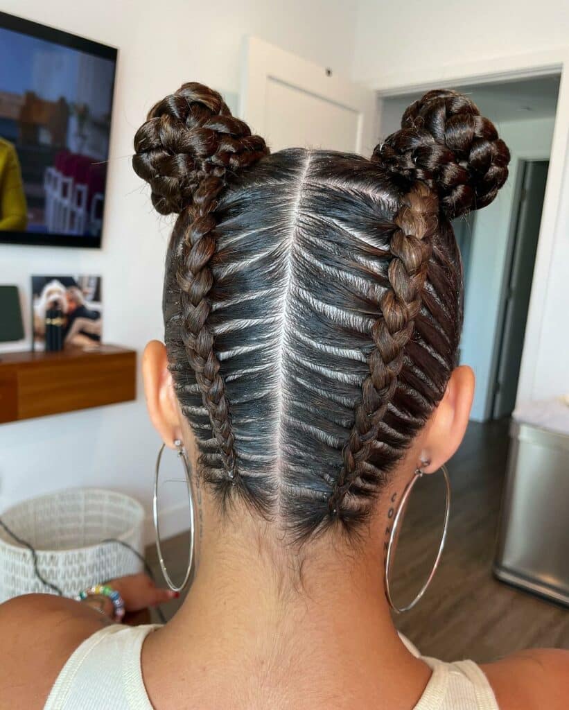 Image of French Braid Space Buns in the style of Space Buns with Braids