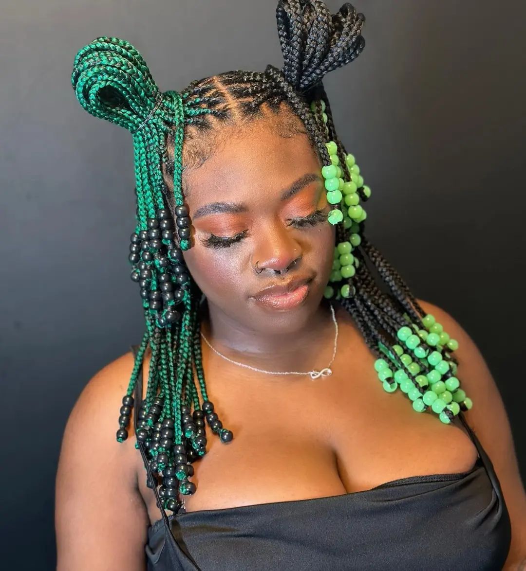 Image of Green and Black Braids With Beads in the style of green braids