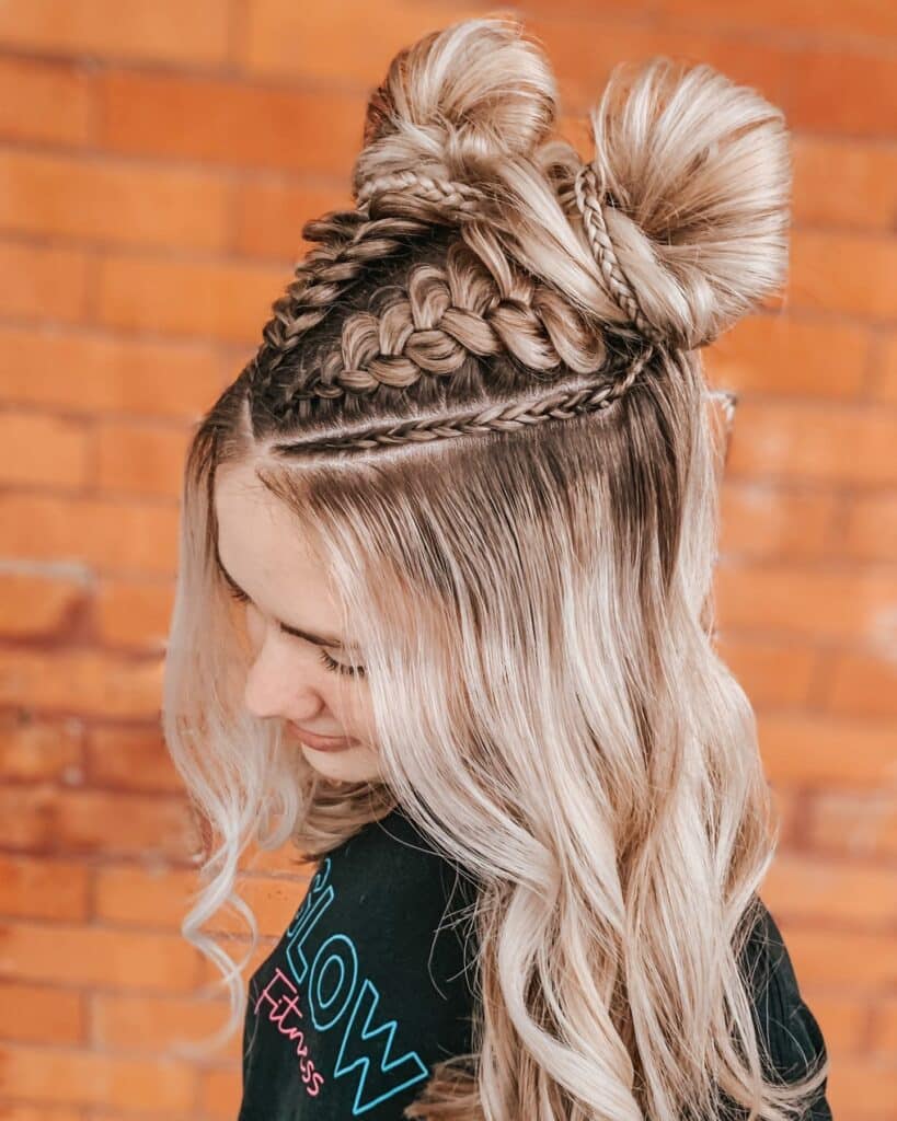 Image of Half Up Braided Space Buns in the style of Space Buns with Braids