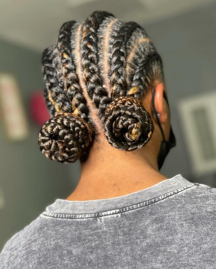 Image of Low Space Buns with Braids in the style of Space Buns with Braids