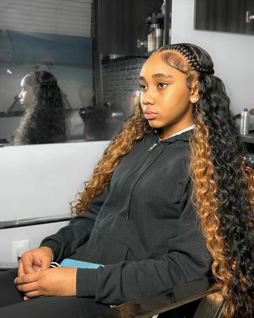 Image of Sew In with Two Braids in Front in the style of Two Braids