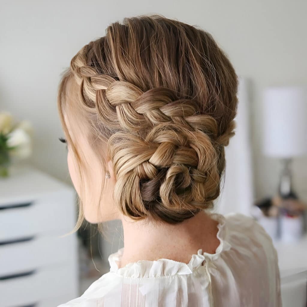 Image of Side Braids With Side Bun in the style of Side Bun Hairstyles
