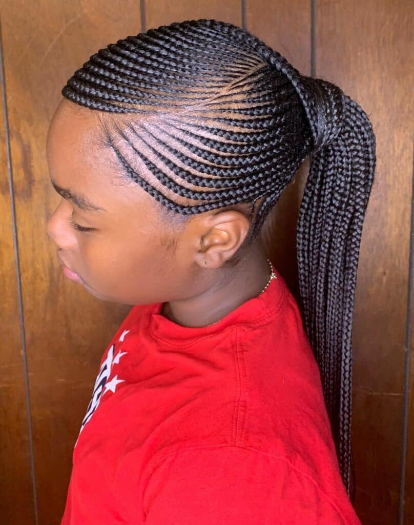Image of Side Part Feed in Ponytail Braids in the style of side part braids