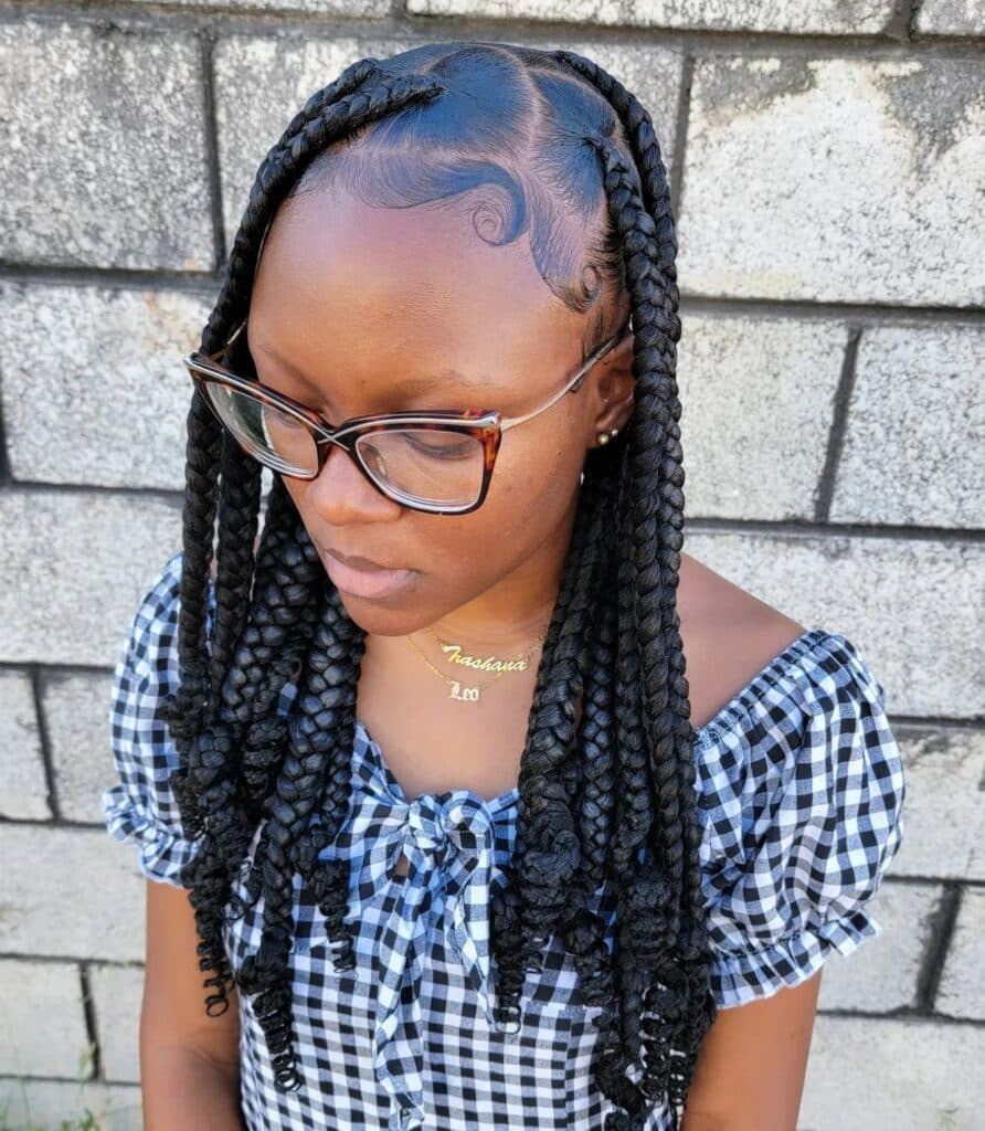 Image of Side Part Knotless Braids With Curly Ends in the style of side part braids