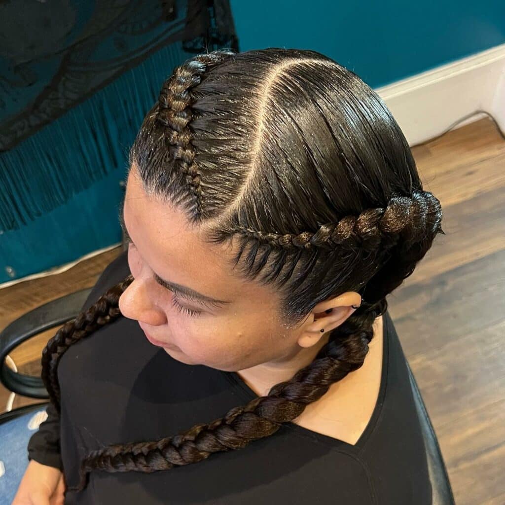 Image of Side Part Two Feed in Braids in the style of side part braids
