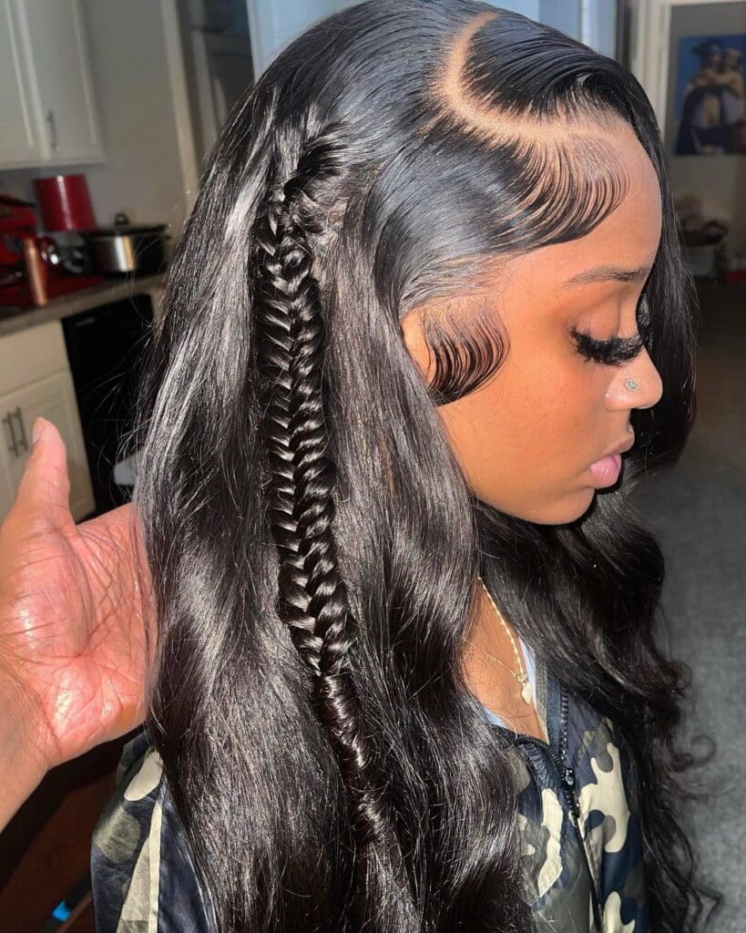 Image of Side Part With Fishtail Braid in the style of side part braids