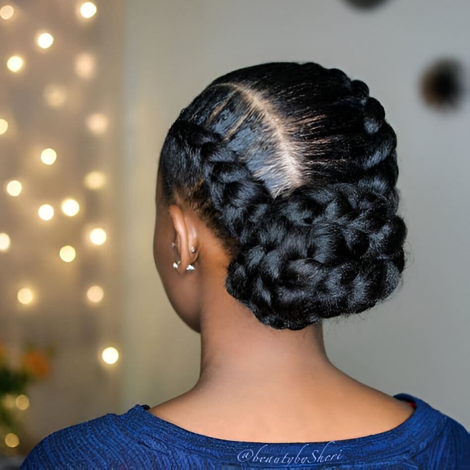 Image of Side Part With Side Braided Bun inspired by Side Bun Hairstyles