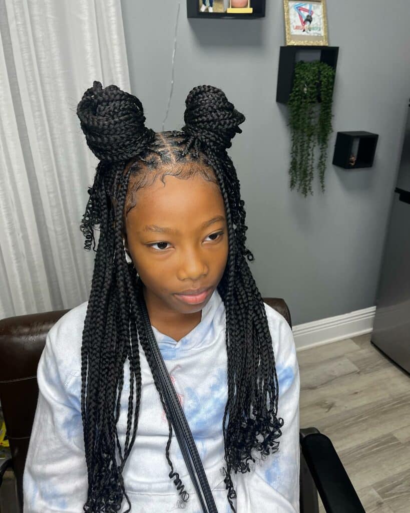 Image of Space Buns with Box Braids in the style of Space Buns with Braids
