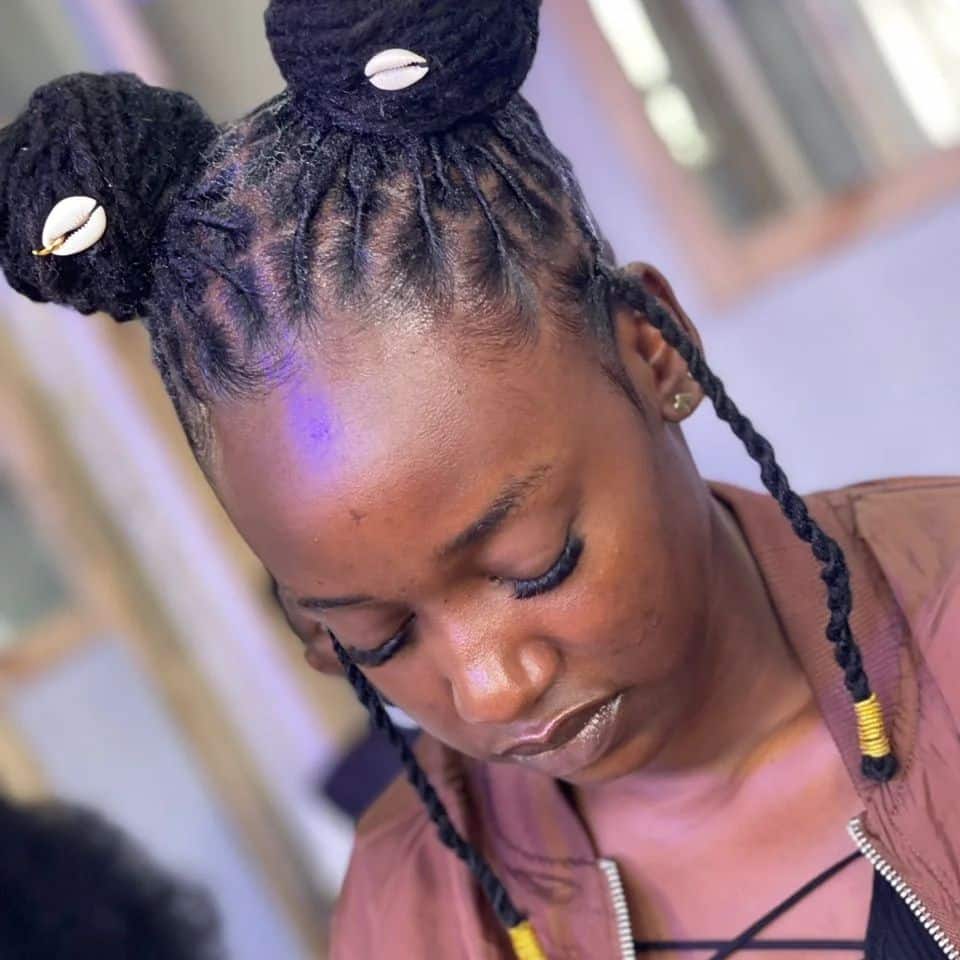 Image of Space Buns with Locs in the style of Space Buns with Braids