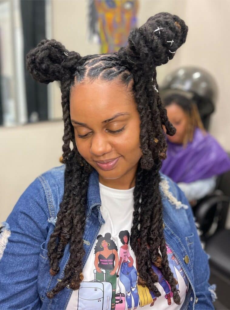 Image of Space Buns with Twist Braids in the style of Space Buns with Braids