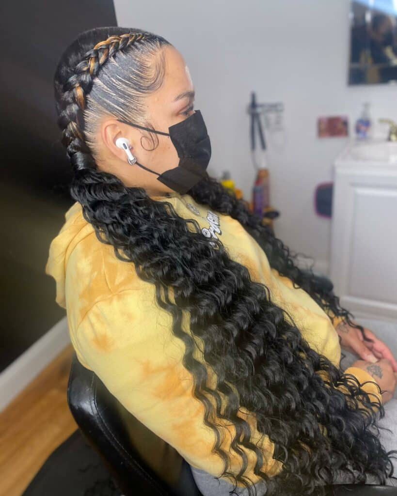 Image of Two Braids with Curls in the style of Two Braids